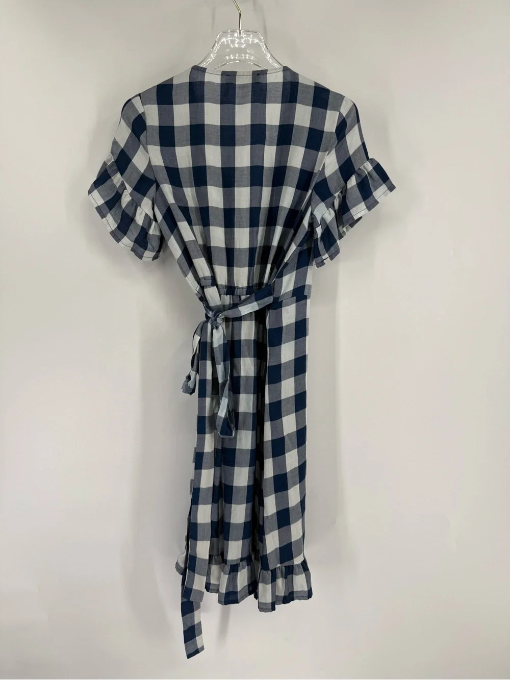 Amour Vert - Blue & White Gingham‎ Print Ruffled Wrap Dress Sz xs